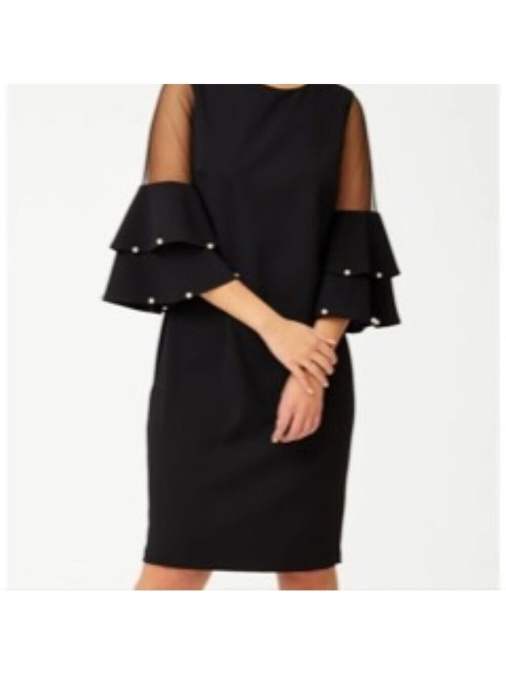 I LE New York Sheer Ruffle Pearl Detail Sleeve Scoop Neckline Sheath Dress